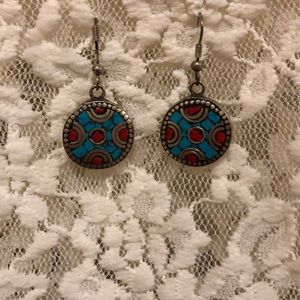 Turquoise stone with red gemstones earrings